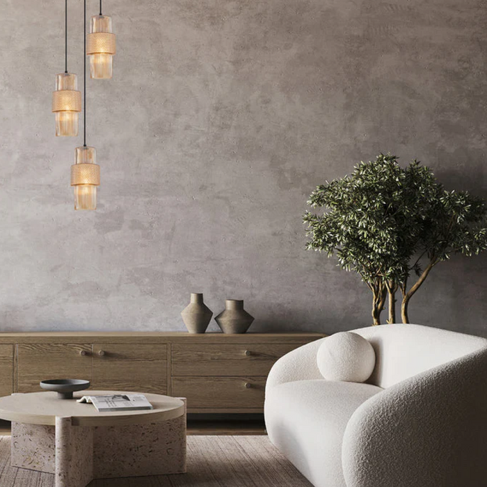 Hueca Double Cylinder Ribbed with Segment Pendant Lights Amber - HUECA2