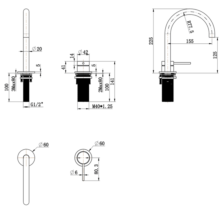 Mica Gooseneck Hob Basin Mixer Set Black - HSB-5-BLK