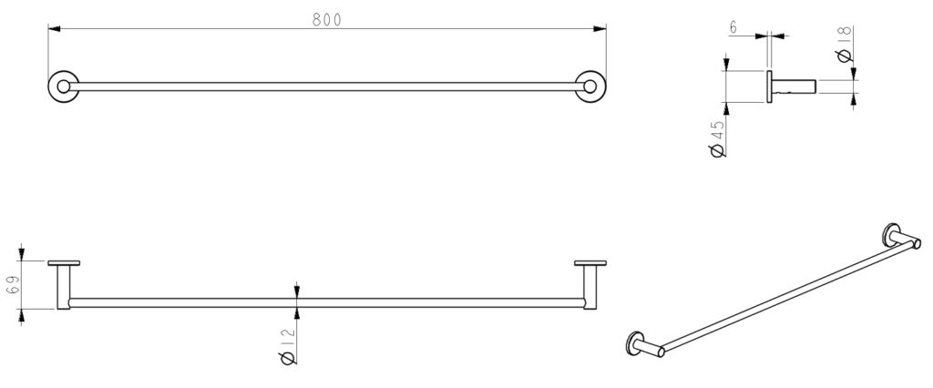 Mica 800mm Single Towel Rail Black - 1124-800-P-BLK