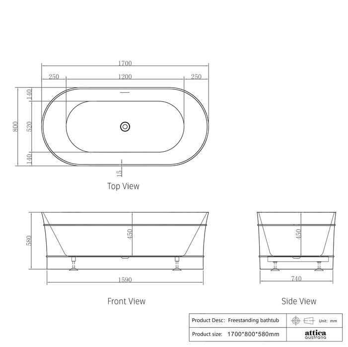 Attica Bondi 1700mm Freestanding Bath With Overflow Matte White - ABBT-1700-MW-OF