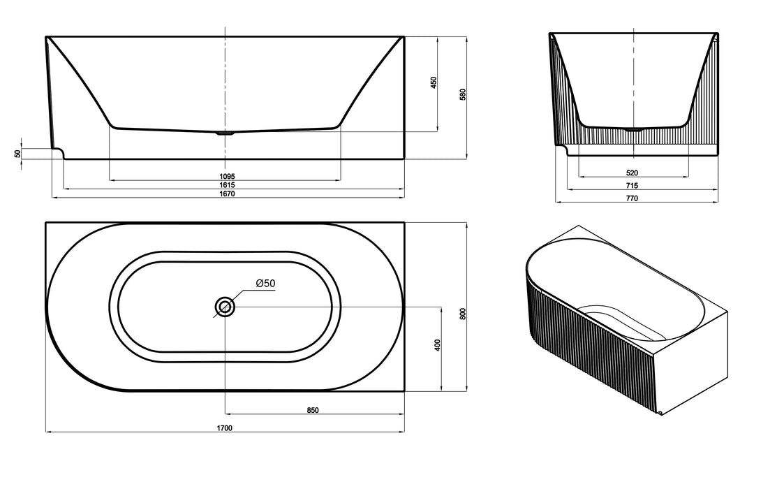 Attica Havana 1700mm Fluted Right Corner Bath With Overflow Gloss White - AHBT-1700R-OF