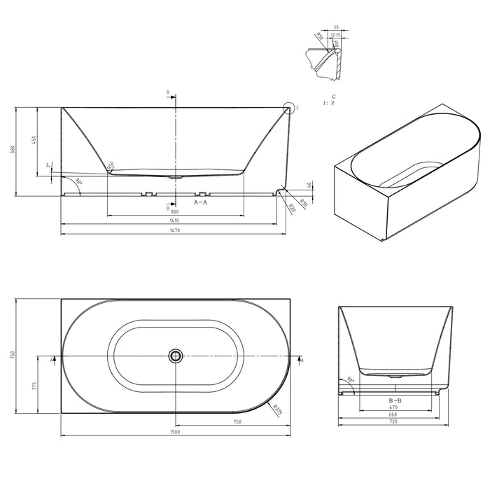 Attica Celine 1500mm Left Corner Bath With Overflow Matte White - ACBT-1500LMW-OF