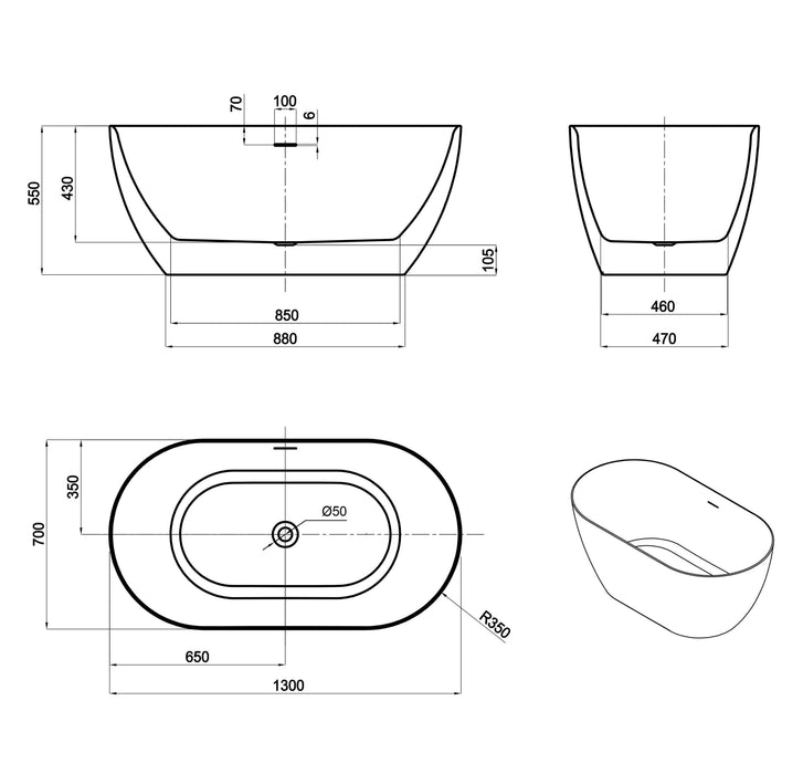 Attica Manolo 1300mm Freestanding Bath With Overflow Gloss White - AMBT-1300-OF