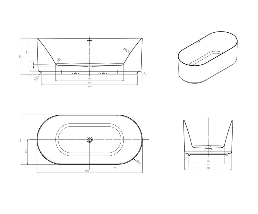 Attica Celine 1700mm Freestanding Bath With Overflow Matte White - ACBT-1700MW-OF