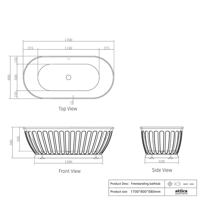 Attica Kensington 1700mm Fluted Freestanding Bath With Overflow Gloss White - AKBT-1700-OF