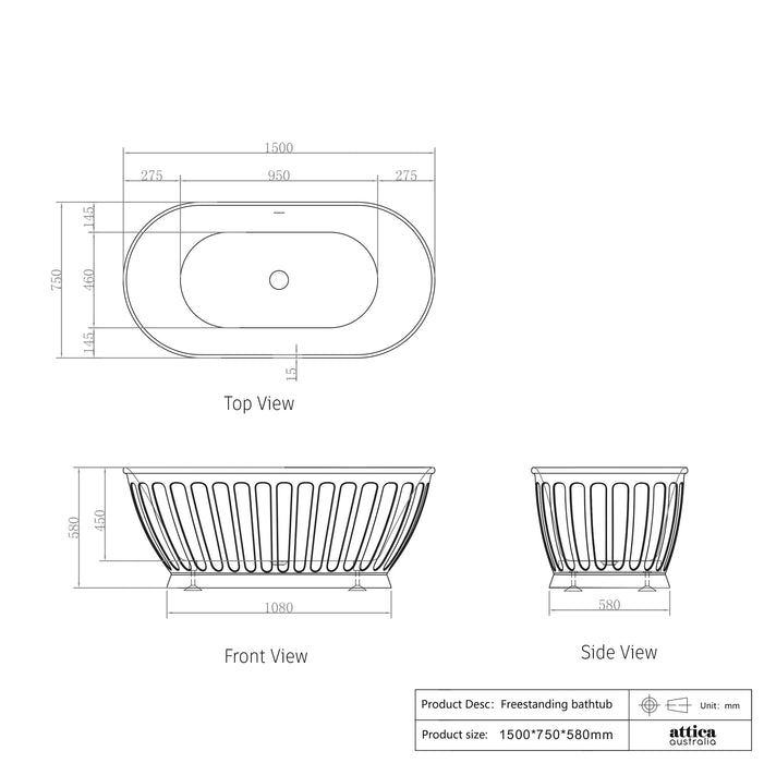 Attica Kensington 1500mm Fluted Freestanding Bath With Overflow Gloss White - AKBT-1500-OF