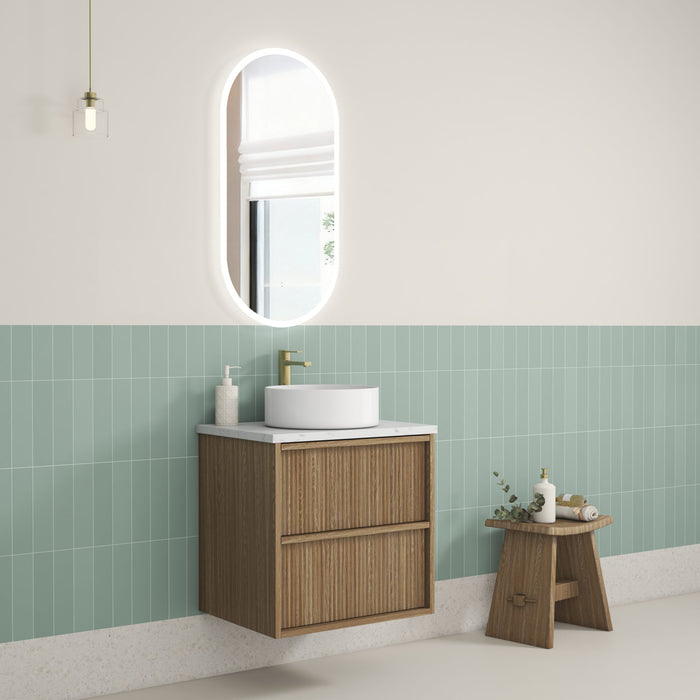 Venetta Fluted Framed Wall Hung 580mm Harvest Oak Cabinet with Crystal Ceramic Top - VE600WHAF-CT28