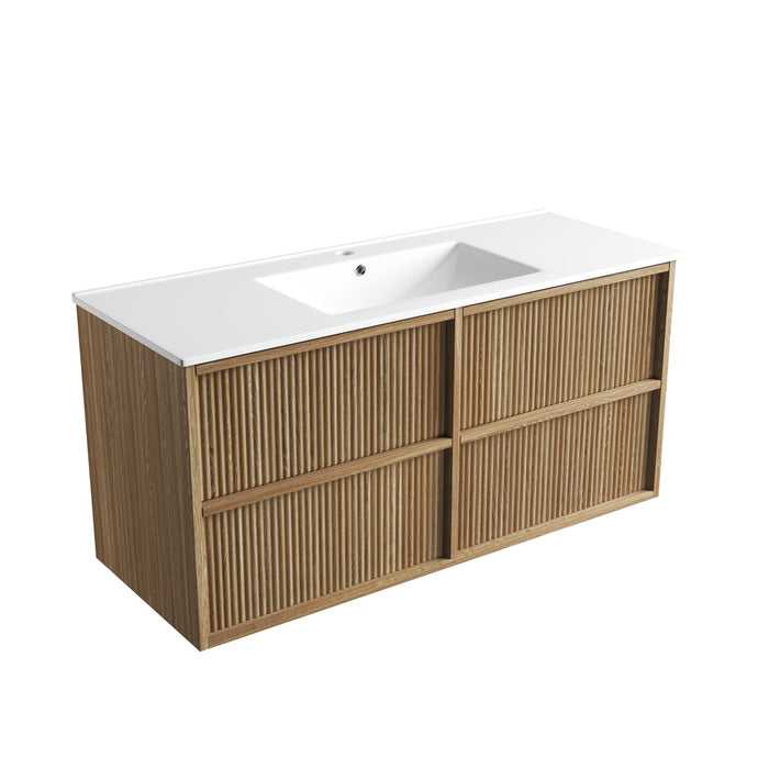 Venetta Fluted Framed Wall Hung 1180mm Harvest Oak Cabinet with Crystal Ceramic Top - VE1200WHAF-CT28
