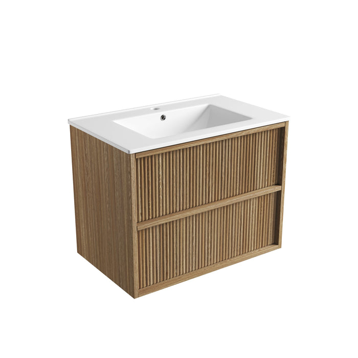 Venetta Fluted Framed Wall Hung 730mm Harvest Oak Cabinet with Crystal Ceramic Top - VE750WHAF-CT28
