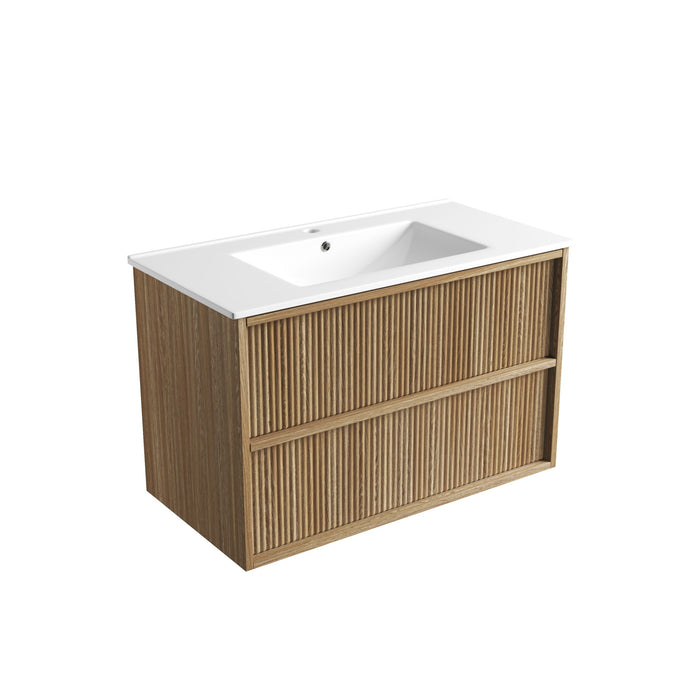 Venetta Fluted Framed Wall Hung 880mm Harvest Oak Cabinet with Crystal Ceramic Top - VE900WHAF-CT28
