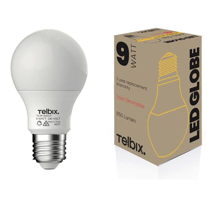 Buy LED Globes Australia A60 LED Globe ES 240V 9W White Polycarbonate 6000K - G A609E27OP860D