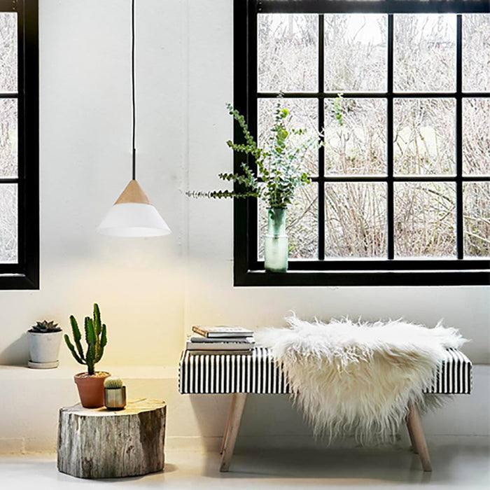 Buy Pendant Lights Australia Finn 1 Light Pendant Blonde Wood With Opal Glass Small Cone - FINN2