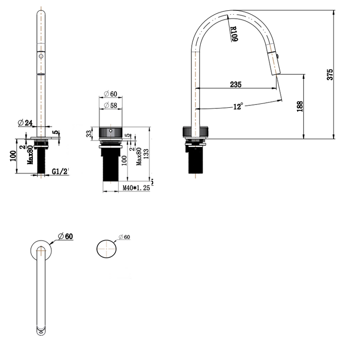 Mica Fluted Pull-Out Hob Mixer Set Black - HSK-6-NR-PO-BLK