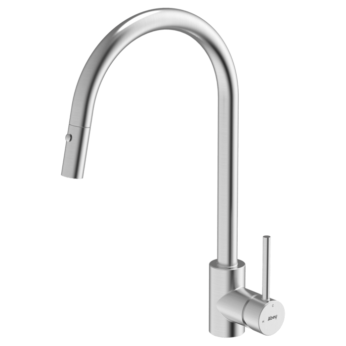 304 Gooseneck With Dual Spray Pull Out Function Kitchen Mixer Brushed Steel - KTA037-BR