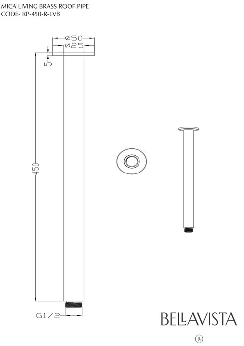 LVB Mica 450mm Ceiling Shower Arm Living Brass - RP-450-R-LVB