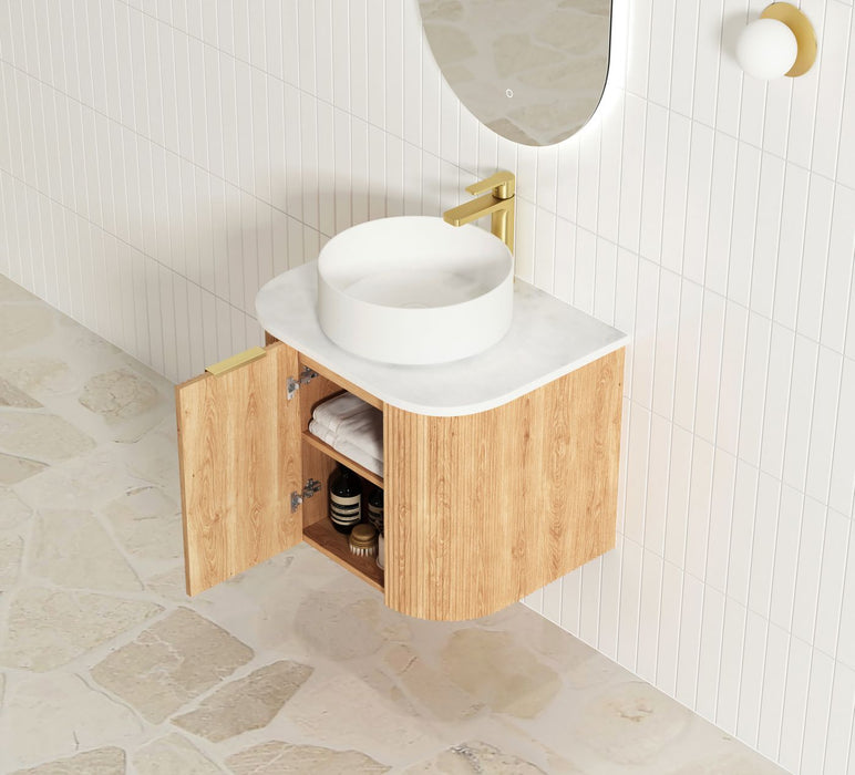 Bondi Fluted 600mm Wall Hung Curve Vanity Woodland Oak - BOW600L