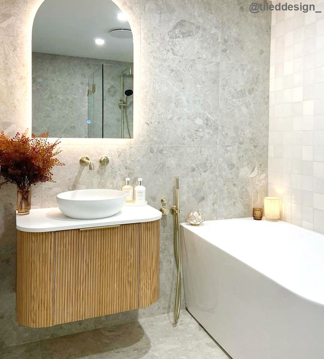 Bondi Fluted 750mm Wall Hung Curve Vanity Woodland Oak - BOW750L