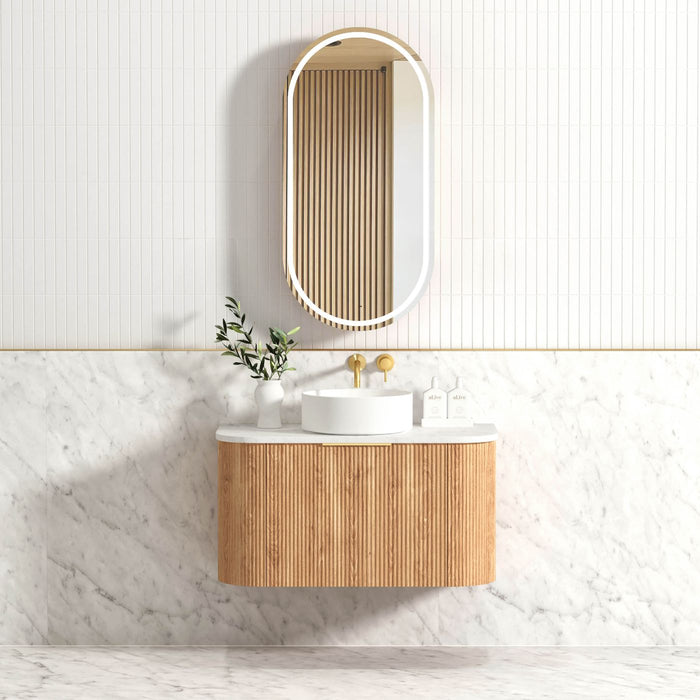 Bondi Fluted 900mm Wall Hung Curve Vanity Woodland Oak - BOW900L