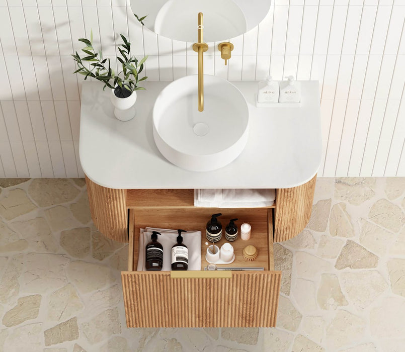 Bondi Fluted 900mm Wall Hung Curve Vanity Woodland Oak - BOW900L
