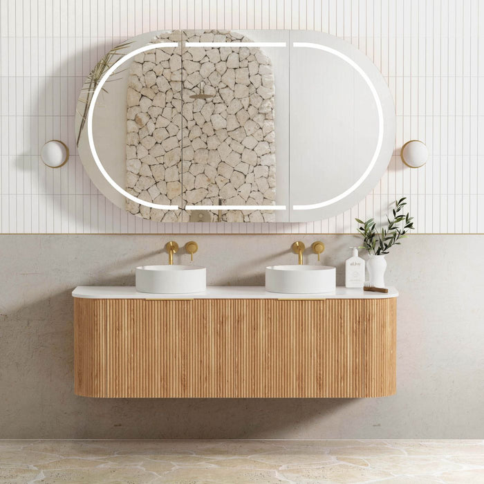 Bondi Fluted 1500mm Wall Hung Curve Vanity Woodland Oak - BOW1500L