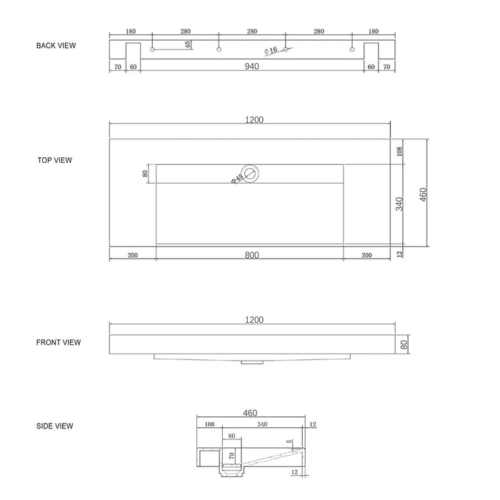 Moonlight Solid Surface Wall Hung Basin - SSTML1200