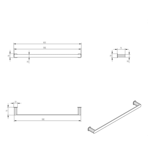 Oskar 600mm Single Towel Rail Matte Black - AC4111B