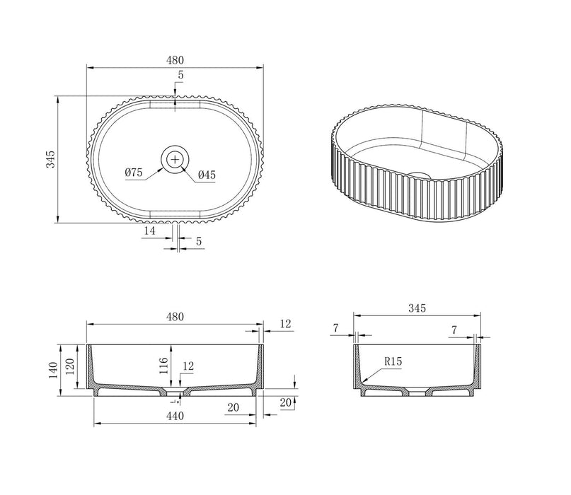 Havana Oval Fluted Solid Surface Matte White Basin NF - SBF4834