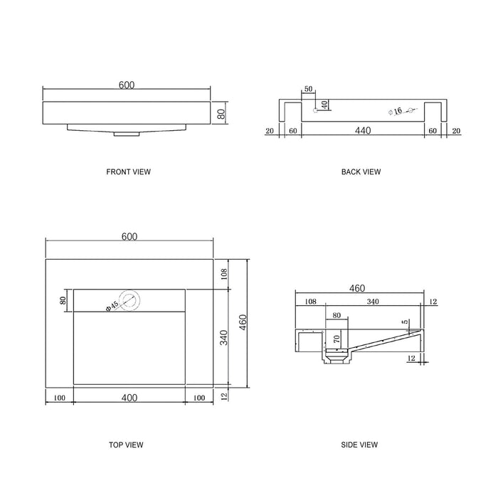 Moonlight Solid Surface Wall Hung Basin - SSTML750