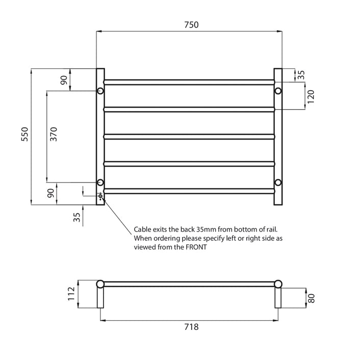 Heated Round Ladder 750 x 550mm Matt Black - BRTR03LEFT