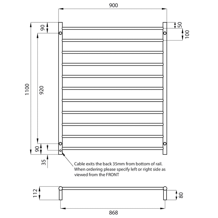 Heated Round Ladder 900 x 1100mm Mirror Polished - RTR05LEFT