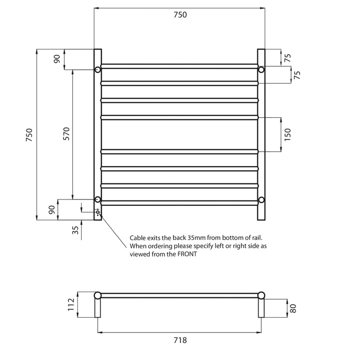 Heated Round Ladder 750 x 750mm Mirror Polished - RTR06RIGHT