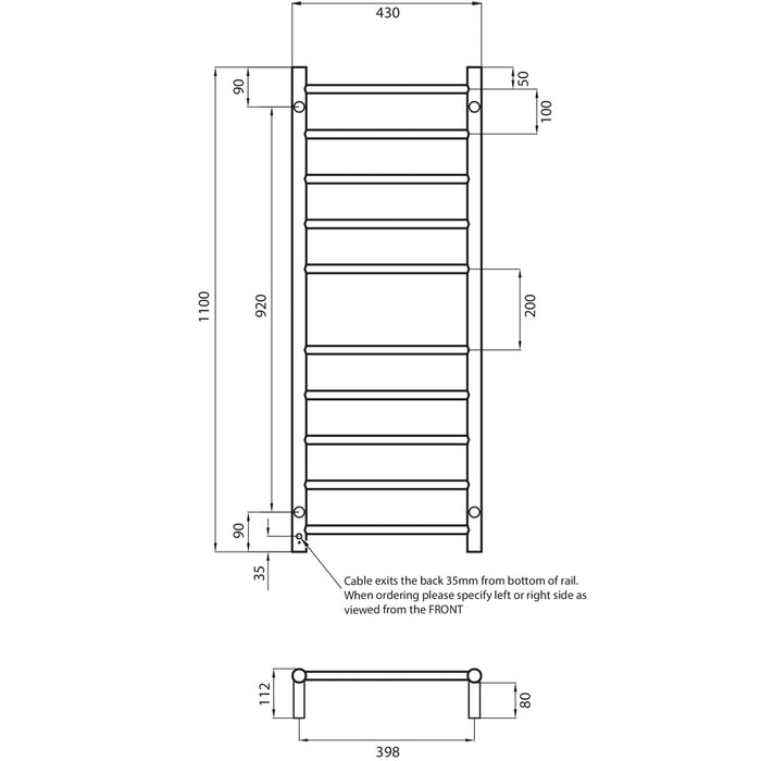 Heated Round Ladder 430 x 1100mm Brushed Nickel - BN-RTR430LEFT