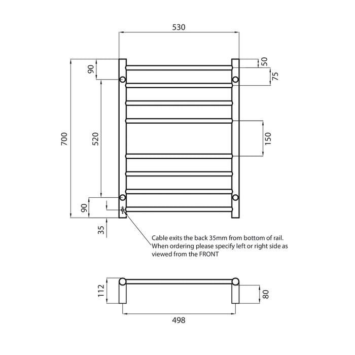 Heated Round Ladder 530 x 700mm Brushed Satin - BRU-RTR530RIGHT
