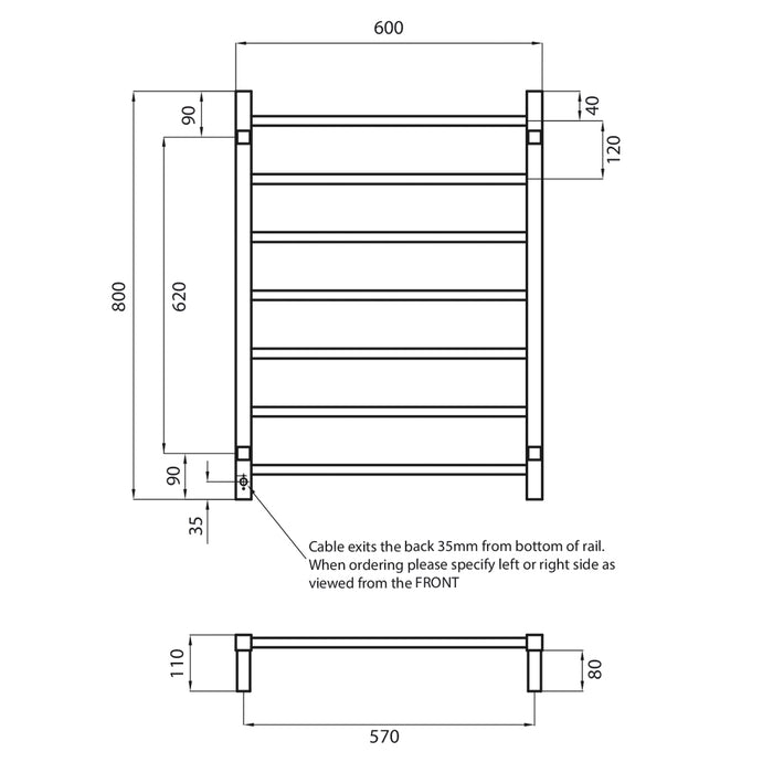 Heated Square Ladder 600 x 800mm Mirror Polished - STR01RIGHT