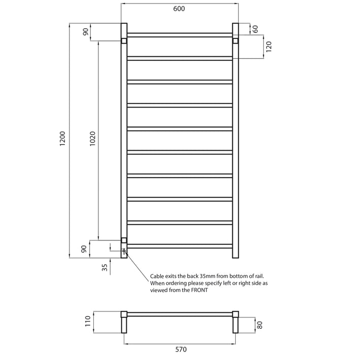 Heated Square Ladder 600 x 1200mm Mirror Polished - STR02RIGHT
