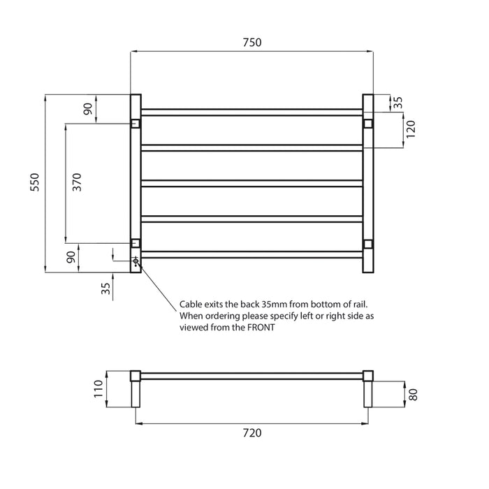 Heated Square Ladder 750 x 550mm Mirror Polished - STR03LEFT